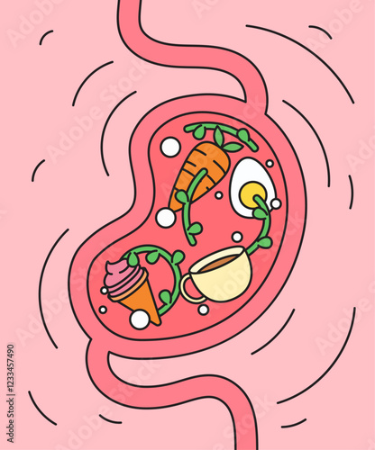 Stomach filled with various foods, featuring a carrot, ice cream, and coffee, designed in cartoon illustration vector perfect for nutrition and health theme