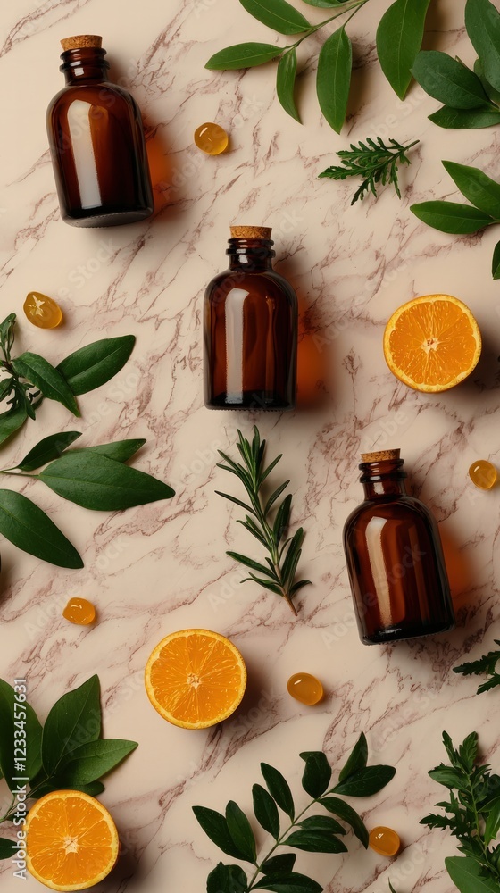Amber Bottles Surrounded by Fresh Oranges and Green Leaves on a Marble Background Amber Bottles Surrounded by Fresh Oranges and Green Leaves on a Marble Background