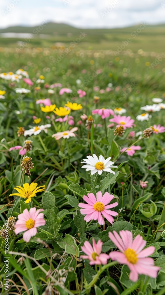 A vibrant field of colorful wildflowers including pink and yellow blooms, set against a lush green backdrop under a cloudy sky. A vibrant field of colorful wildflowers including pink and yellow blooms, set against a lush green backdrop under a cloudy sky.