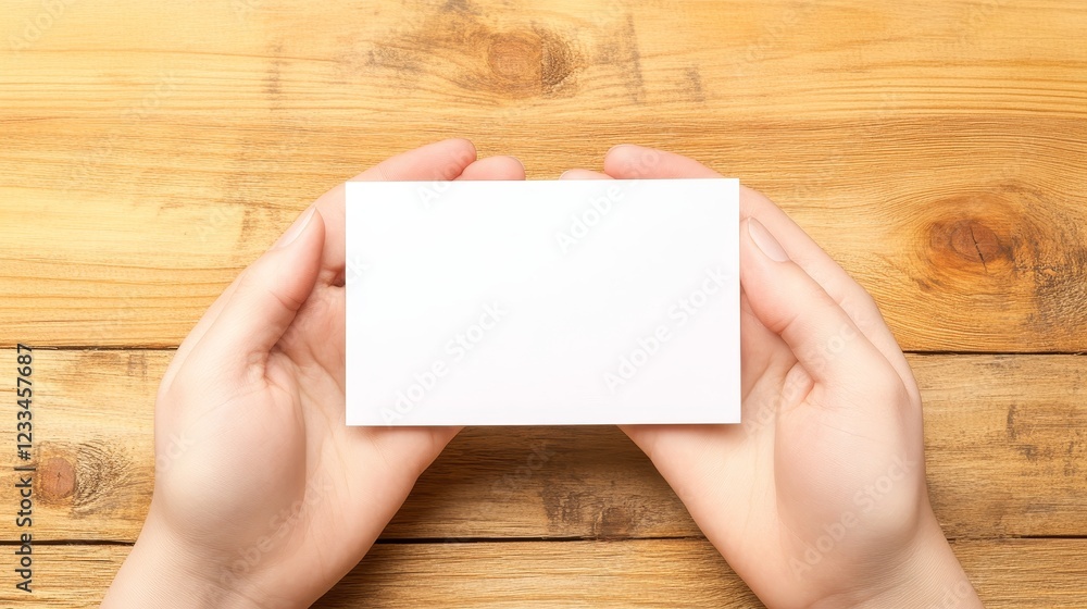 Obraz premium Hands Holding Blank White Card on Wooden Table