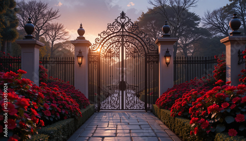 Fototapeta Naklejka Na Ścianę i Meble -  Rose Garden Gate,	Wrought iron gates open to a rose garden at sunset.