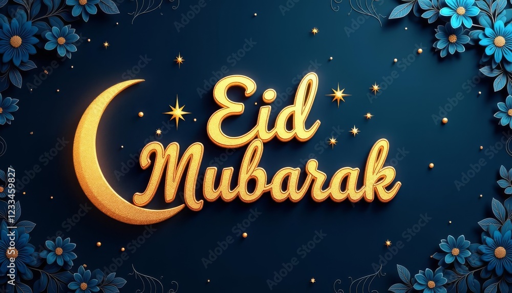 Eid Mubarak greeting card with a crescent moon and stars on a dark blue background. The words Eid Mubarak are written in a golden 3D font and surrounded by blue flowers. Eid Mubarak greeting card with a crescent moon and stars on a dark blue background. The words Eid Mubarak are written in a golden 3D font and surrounded by blue flowers.