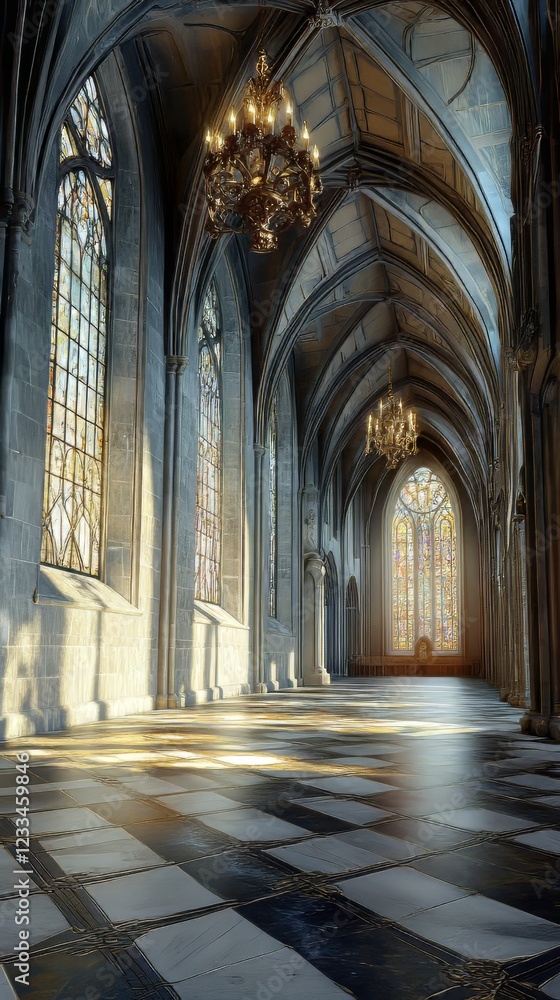 Sunlit Gothic cathedral hallway Sunlit Gothic cathedral hallway