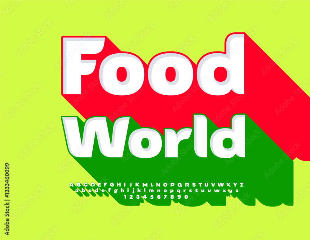 Naklejka premium Vector Bright Advertising Food World. Elegant Font with Big Green Shadow. Digital Isometric Alphabet Letters and Numbers