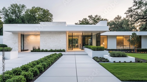 White luxury home with a stone-glass facade and modern planters in the front yard.