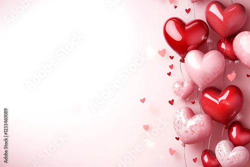 Heart-shaped balloons in red and pink, a romantic Valentine's Day celebration.