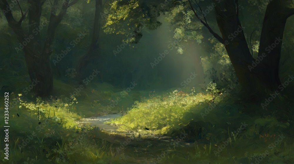 Sunlit Forest Path With Stream And Wildflowers Sunlit Forest Path With Stream And Wildflowers