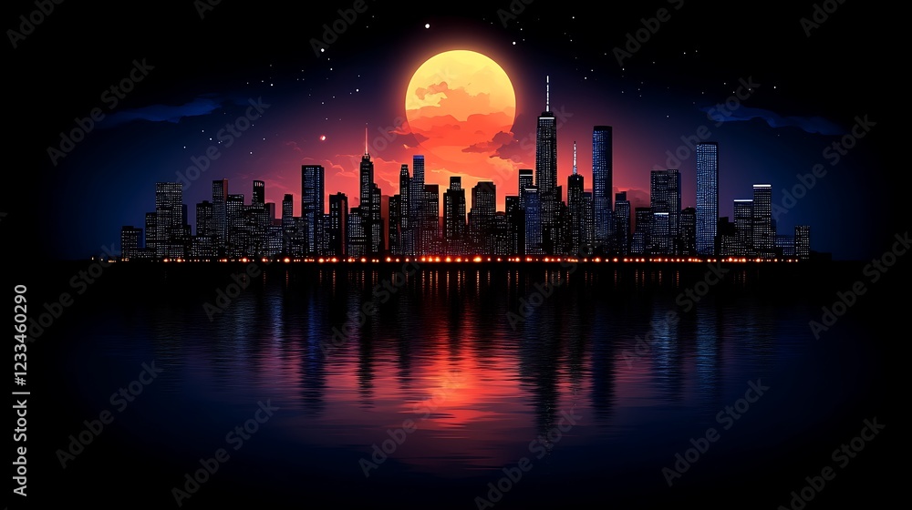 Night City Skyline Illuminated by a Large Orange Moon Night City Skyline Illuminated by a Large Orange Moon