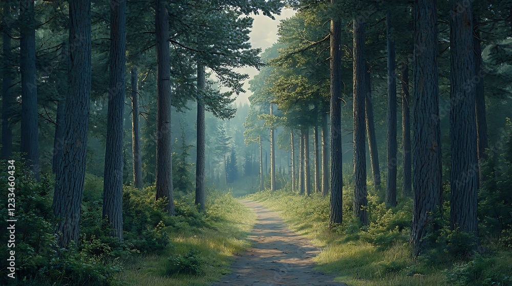 Obraz premium A serene forest path surrounded by tall trees, inviting exploration and tranquility.