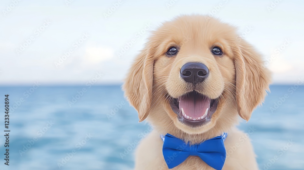 Happy Golden Retriever Puppy at the Beach with Bow Tie Happy Golden Retriever Puppy at the Beach with Bow Tie