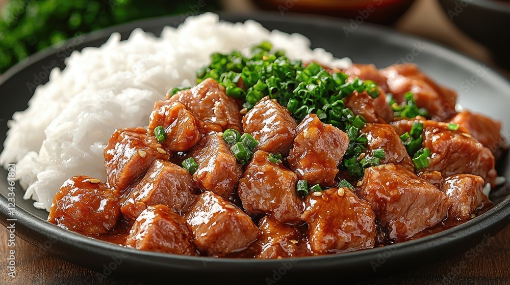 Delicious plate of tender beef with rice and green onions on a wooden table Delicious plate of tender beef with rice and green onions on a wooden table