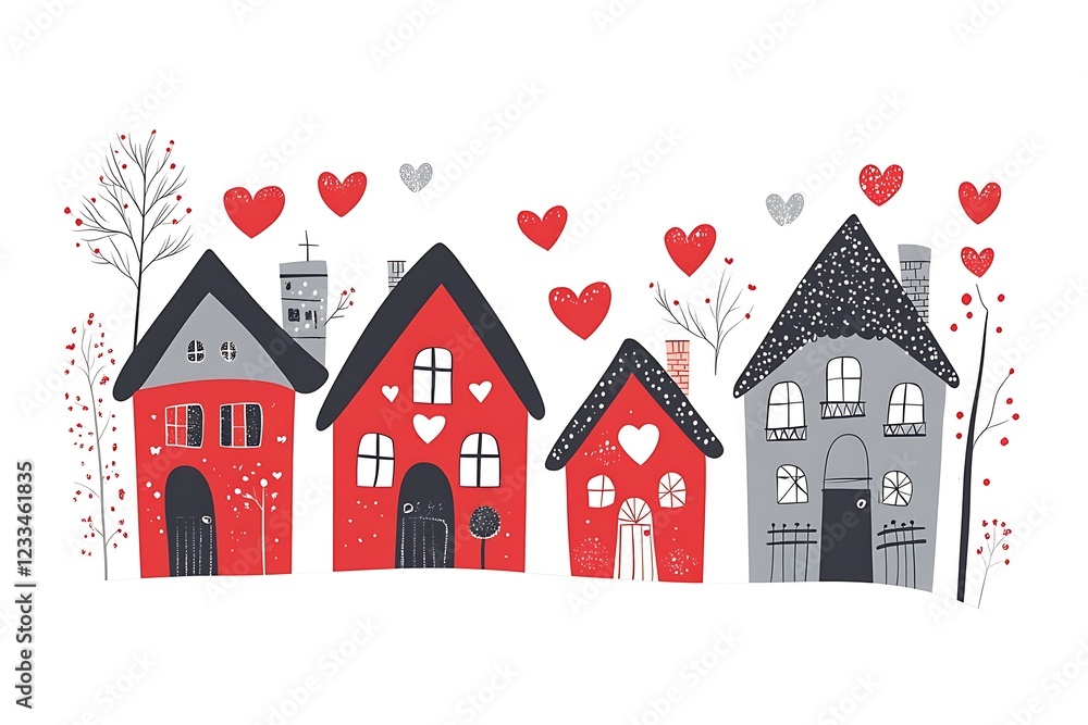 Fototapeta premium Cute, hand-drawn houses with hearts, perfect for Valentine's Day.