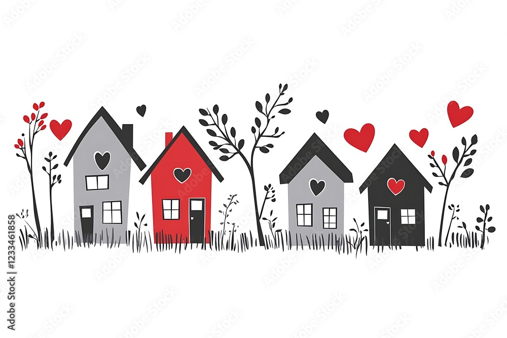 Fototapeta premium Cute, hand-drawn houses with hearts, perfect for Valentine's Day.