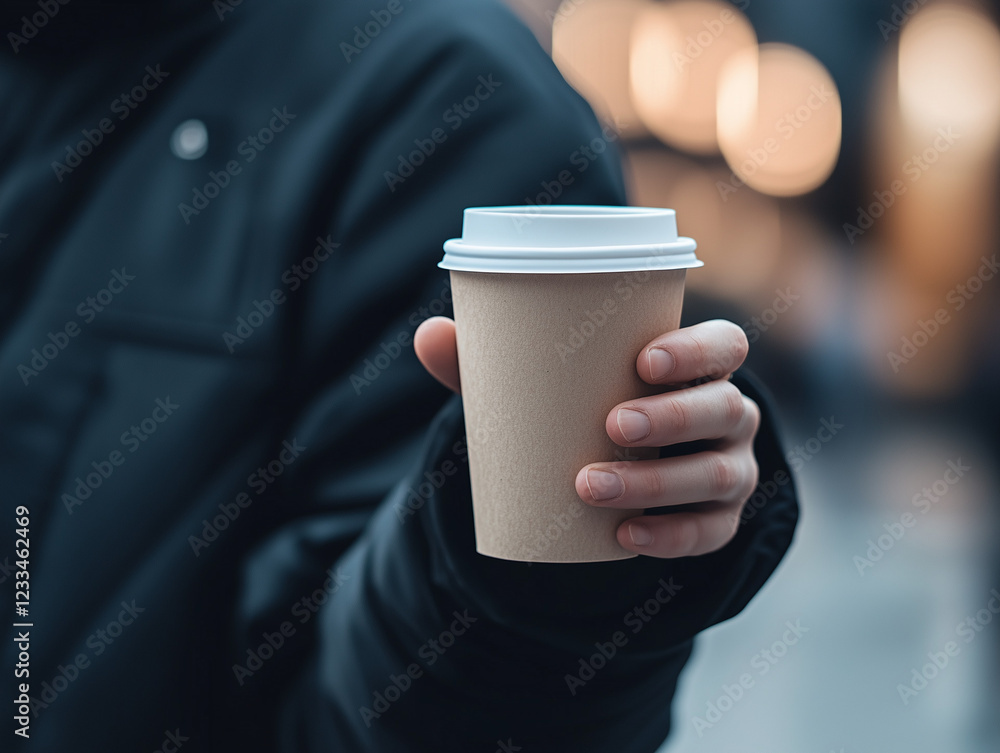 Warm beverage held by a person in a cozy urban setting during chilly weather Warm beverage held by a person in a cozy urban setting during chilly weather