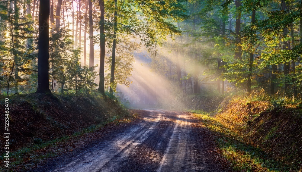 Fototapeta premium Mesmerizing Foggy Autumn Morning Road in the Forest Bathed in Sunbeams near Piaseczno, Poland Vivid Colors and Textures Amidst Natures Grandeur