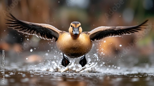 A duck takes flight over a shimmering pond, splashing water as it ascends amidst blurred reeds photo