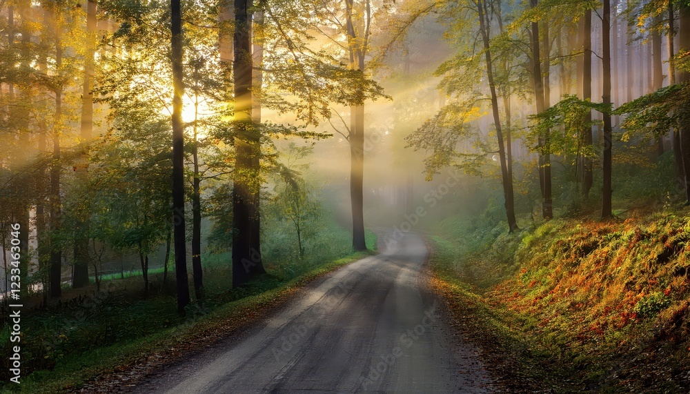 Mystical Forest Path Bathed in Autumn Sunbeams and Shrouded in Fog near Piaseczno, Poland at Dawn Mystical Forest Path Bathed in Autumn Sunbeams and Shrouded in Fog near Piaseczno, Poland at Dawn