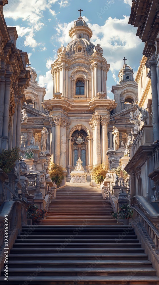 Fototapeta premium Grand staircase ascending to a church.