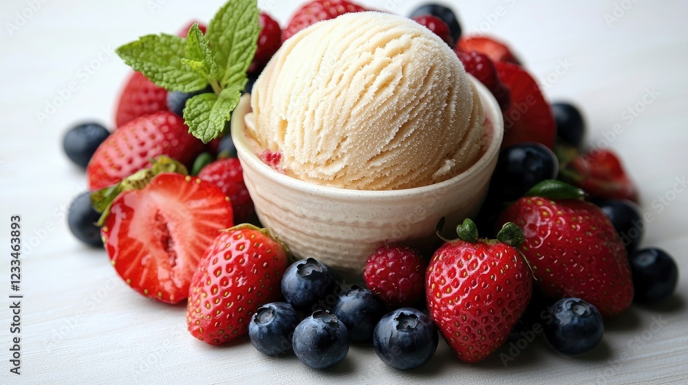 Delicious ice cream scoop surrounded by fresh strawberries and blueberries on a light background Delicious ice cream scoop surrounded by fresh strawberries and blueberries on a light background