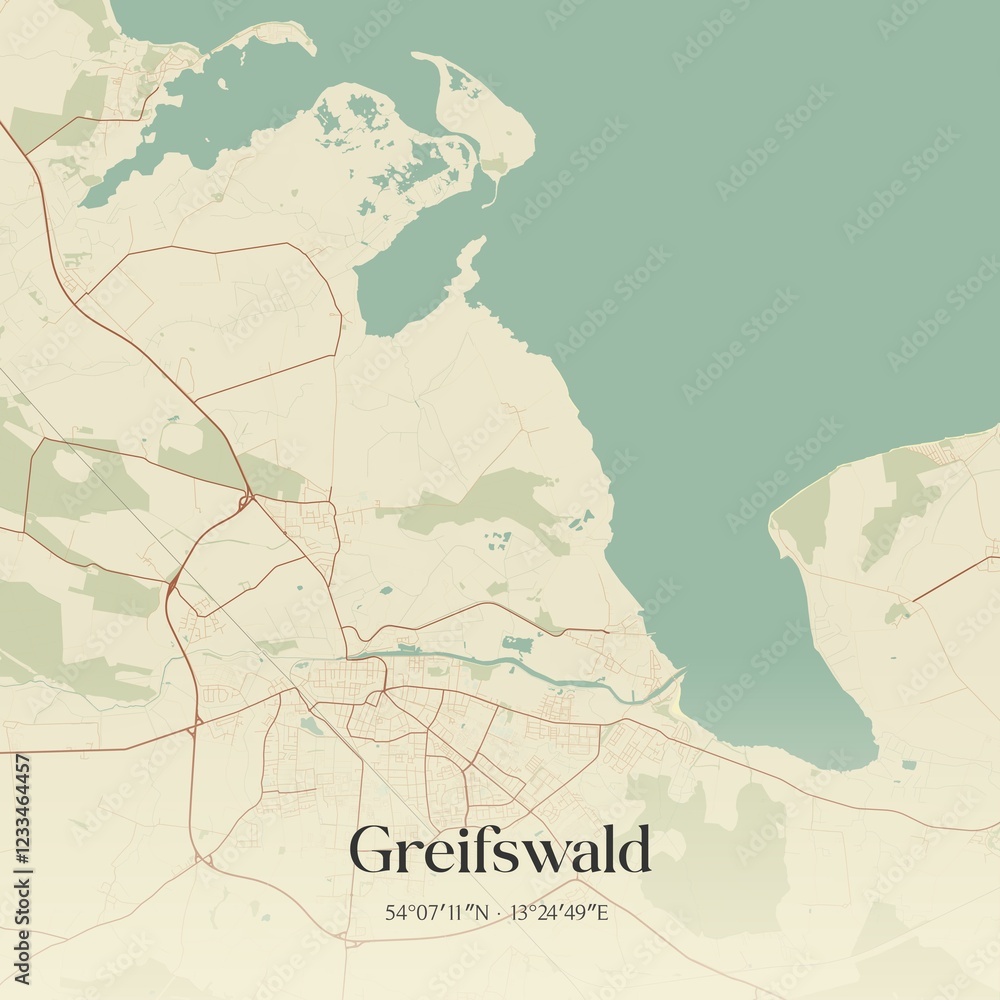 Obraz premium Vintage map of Greifswald, Germany.