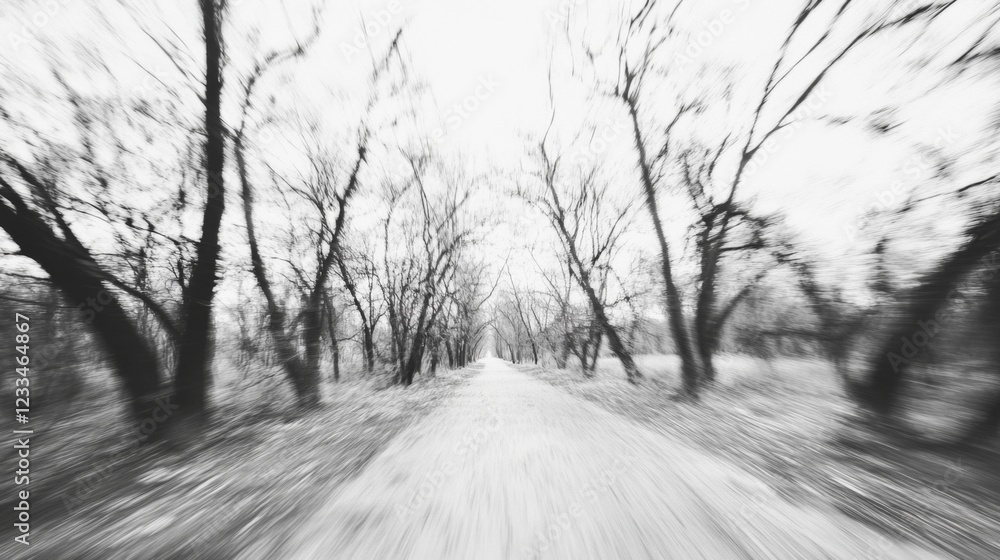 Obraz premium Blurred pathway through a desolate forest with bare trees, evoking a sense of solitude