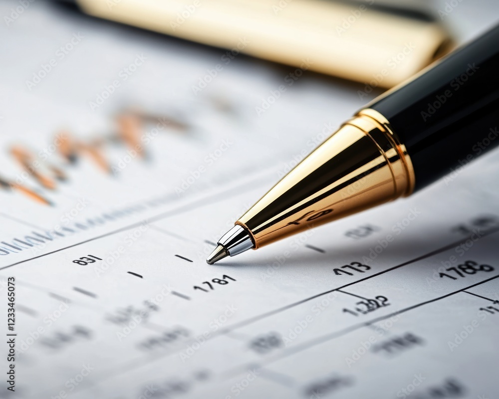 Close-Up of a Silver Tip Pen Writing on a Financial Document with Charts and Data Analysis Close-Up of a Silver Tip Pen Writing on a Financial Document with Charts and Data Analysis