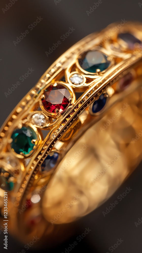 Close-Up of an Elegant Gold Ring Adorned with a Colorful Array of Gemstones Close-Up of an Elegant Gold Ring Adorned with a Colorful Array of Gemstones