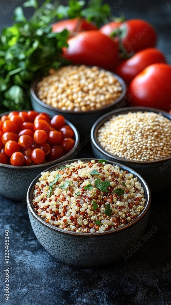 Red and White Quinoa with Tomatoes and Parsley in Bowls Red and White Quinoa with Tomatoes and Parsley in Bowls
