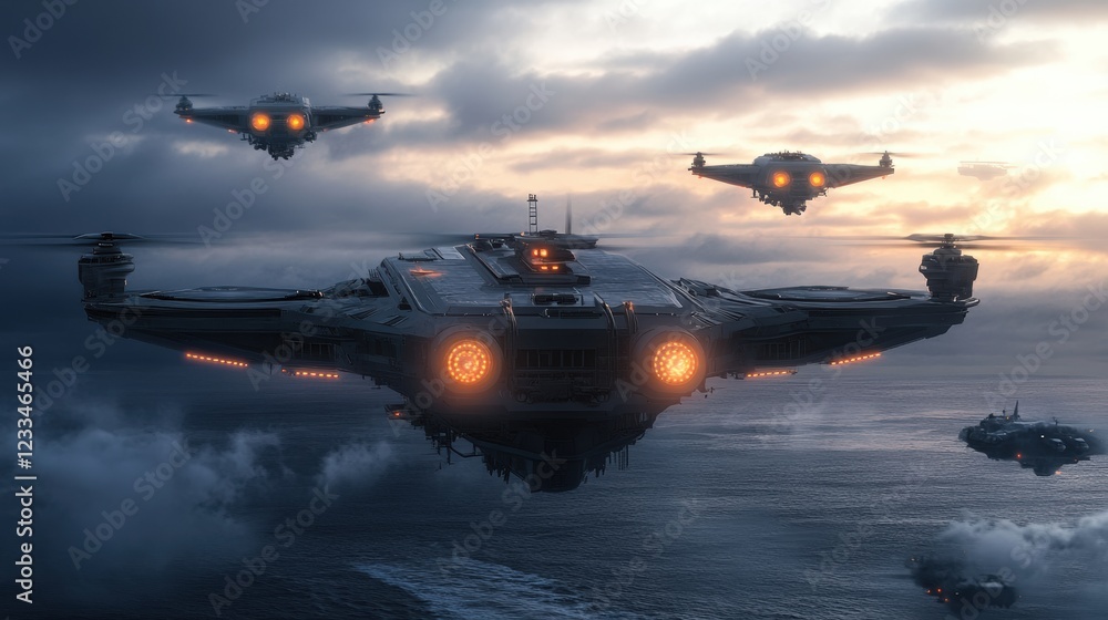 A floating military base with advanced drones patrolling the skies and watercrafts circling below A floating military base with advanced drones patrolling the skies and watercrafts circling below