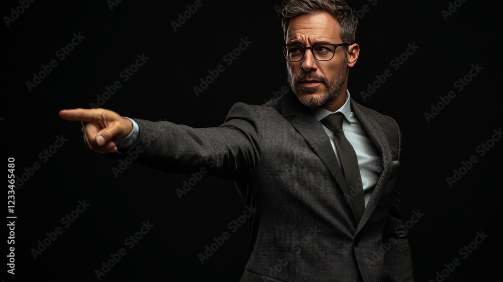 The same man dressed in a modern charcoal suit, pointing energetically to the left side of the photo, creating room for text on the left The same man dressed in a modern charcoal suit, pointing energetically to the left side of the photo, creating room for text on the left