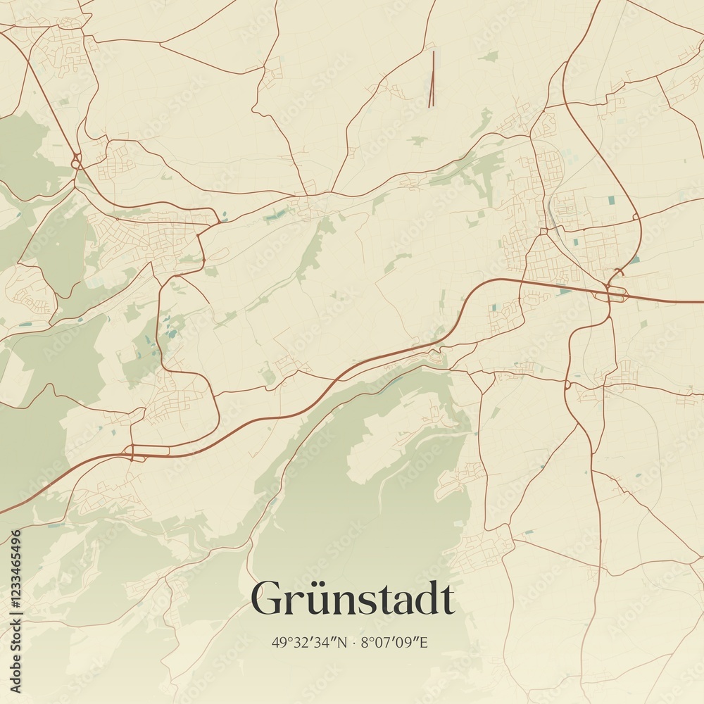 Vintage map of Grunstadt, Germany.