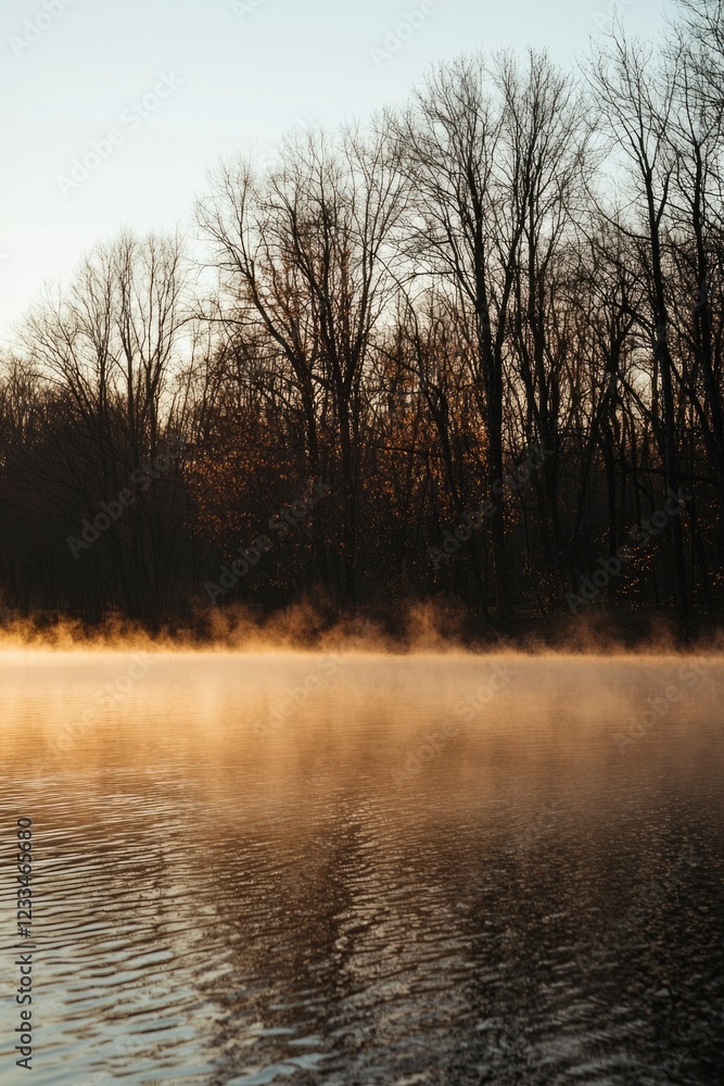Fototapeta premium Tranquil Dawn Mist Over Winter Trees and Calm Water
