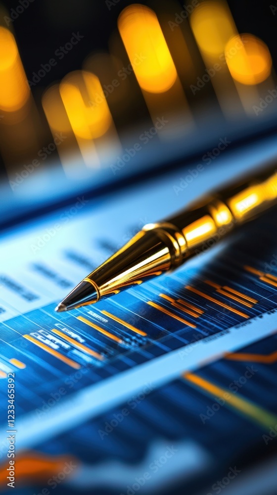 Fototapeta premium Close-Up of Golden Pen on Financial Report with Data Analytics and Business Charts