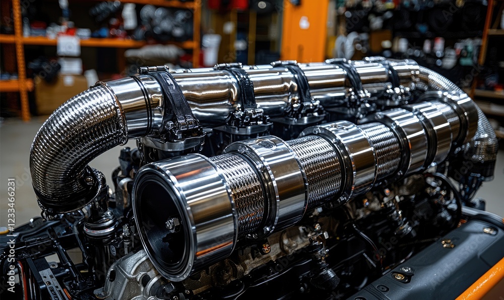 Fototapeta premium A close-up of a polished engine component showcasing intricate design and engineering.
