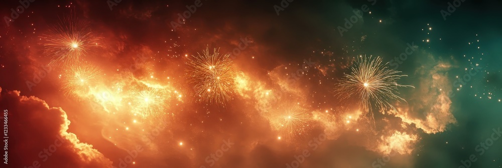 Naklejka premium Cosmic nebula, swirling galaxies, vibrant orange and teal colors, starry space background, ethereal celestial clouds, dynamic energy patterns, deep space exploration, high-resolution astrophotography,