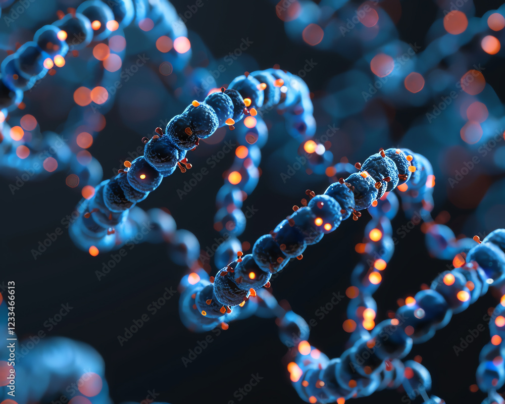 Close Up View of a Complex DNA Strand in a Dark Laboratory Environment with Neon Glow Close Up View of a Complex DNA Strand in a Dark Laboratory Environment with Neon Glow