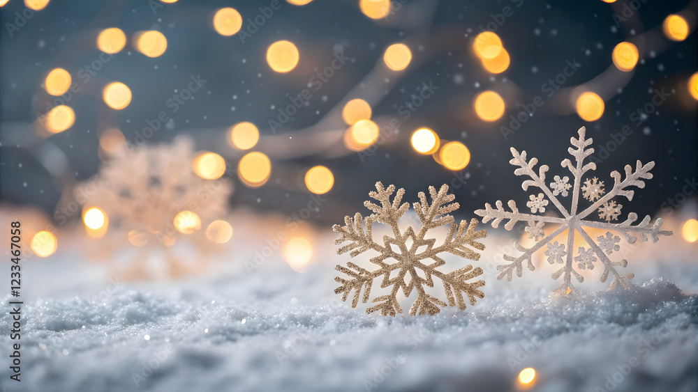 Naklejka premium Winter wonderland celebration snowy landscape holiday decor bokeh lights cozy atmosphere serene viewpoint