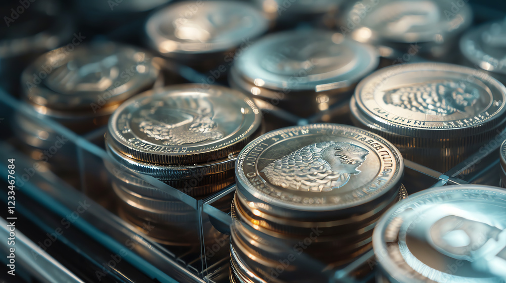 Close-Up View of Stacked Golden Coins Displayed in a Clear Container Close-Up View of Stacked Golden Coins Displayed in a Clear Container