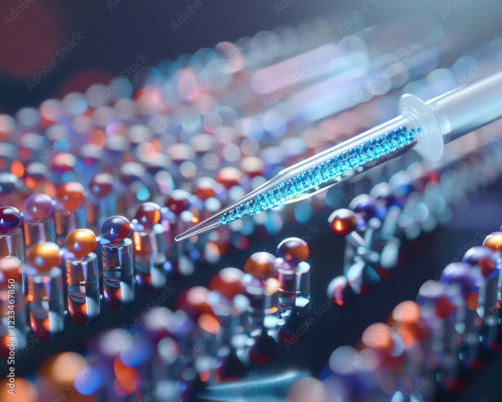 Fototapeta premium Closeup of a Pipette Dispensing Liquid on Colorful Molecules in a Scientific Laboratory Environment