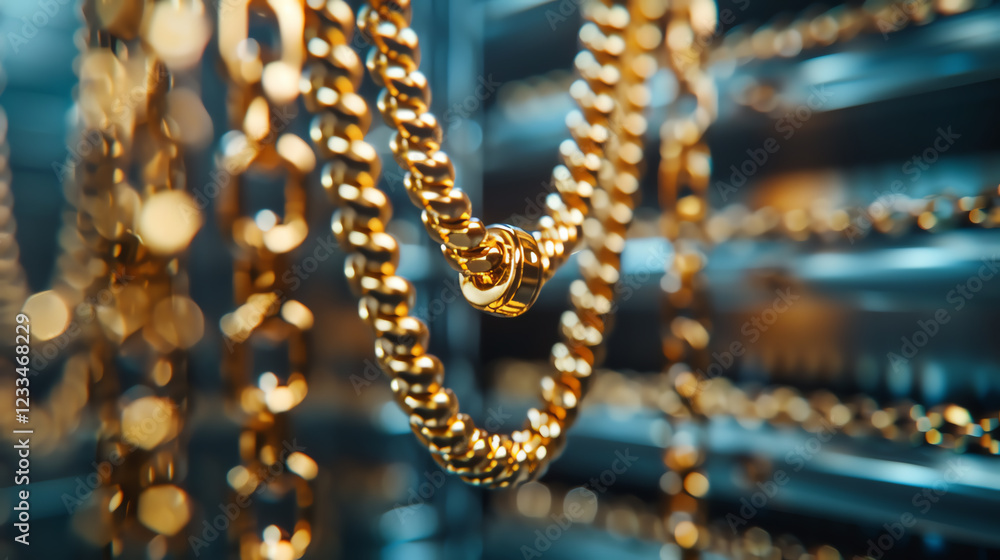 Closeup of Shiny Gold Chains Stacked Together Displaying Luxury and Elegance Closeup of Shiny Gold Chains Stacked Together Displaying Luxury and Elegance