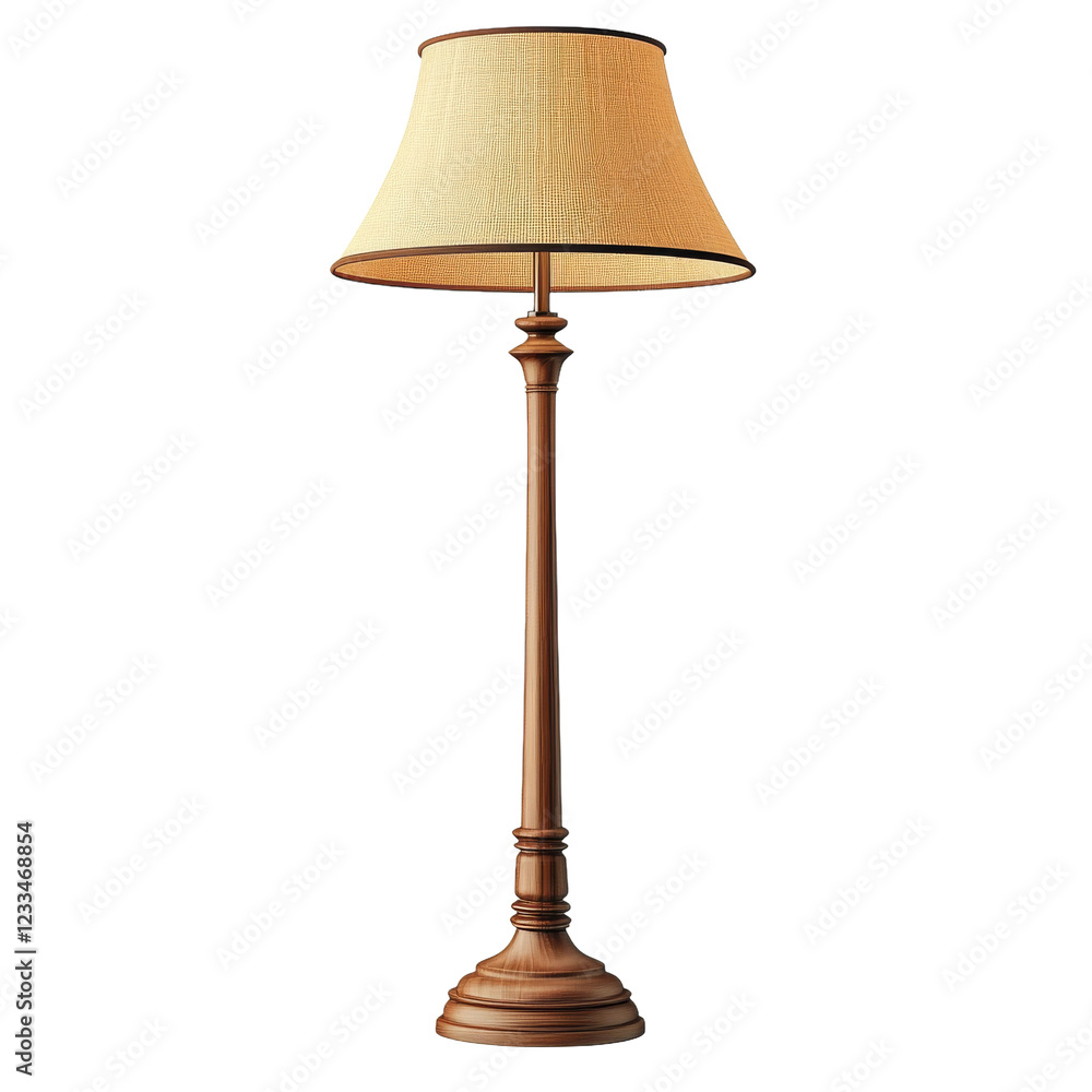 Elegant wooden floor lamp with beige shade white transparency background living room decor bright environment Elegant wooden floor lamp with beige shade white transparency background living room decor bright environment
