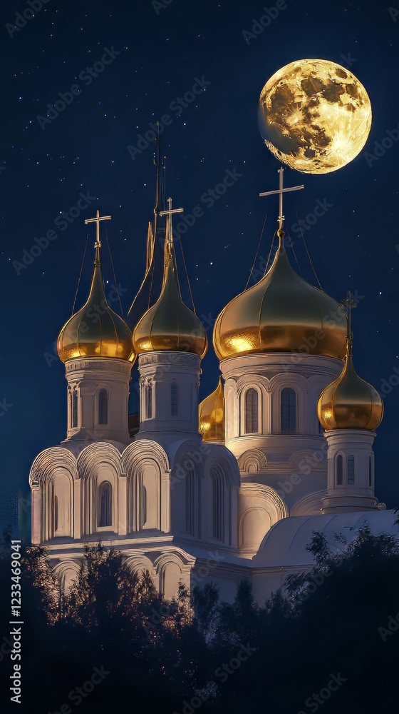 Fototapeta premium Golden domes under a full moon