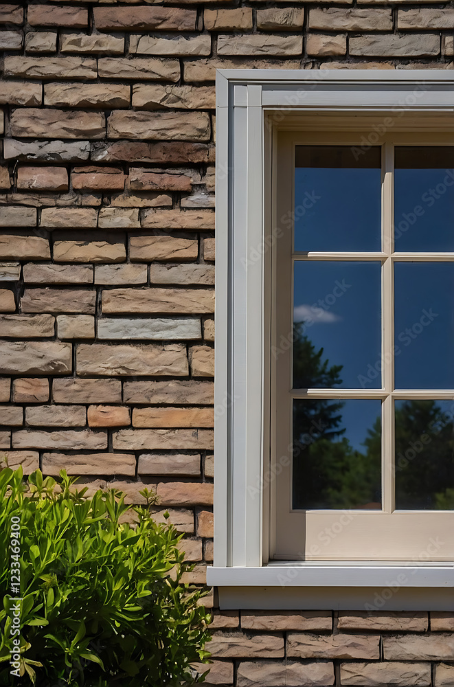 Fototapeta premium Modern Brick House Exterior with Panoramic Window and Lush Greenery