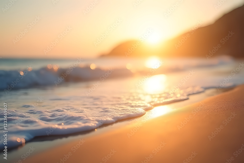 Obraz premium Golden sunset over gentle waves beach location bokeh effect tranquil environment serene viewpoint nature concept