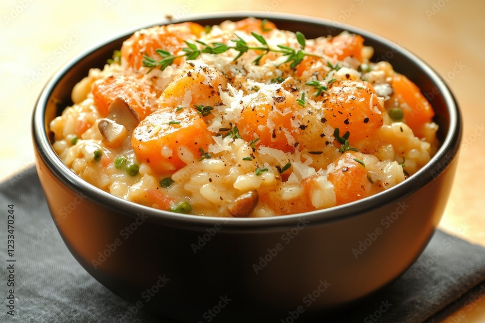 Creamy Carrot Mushroom Risotto in a Dark Bowl Creamy Carrot Mushroom Risotto in a Dark Bowl