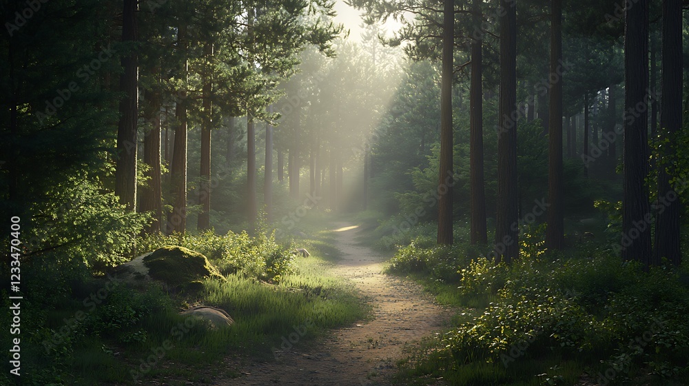 A serene forest path illuminated by soft sunlight, inviting exploration and tranquility.