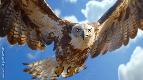 Majestic eagle soaring against blue sky. photo