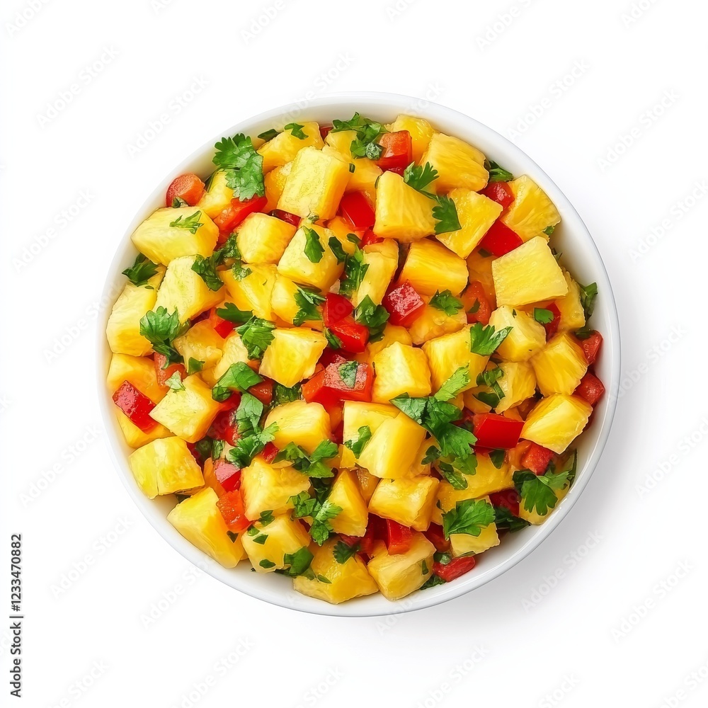 A refreshing pineapple mango salsa with diced pineapple, mango, red bell pepper A refreshing pineapple mango salsa with diced pineapple, mango, red bell pepper