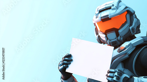 Futuristic Robot in Space Suit Holding Blank Sign photo