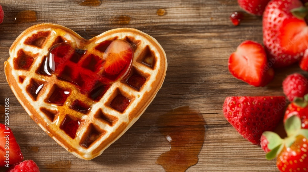 Heart Shaped Waffle with Strawberries and Syrup Heart Shaped Waffle with Strawberries and Syrup